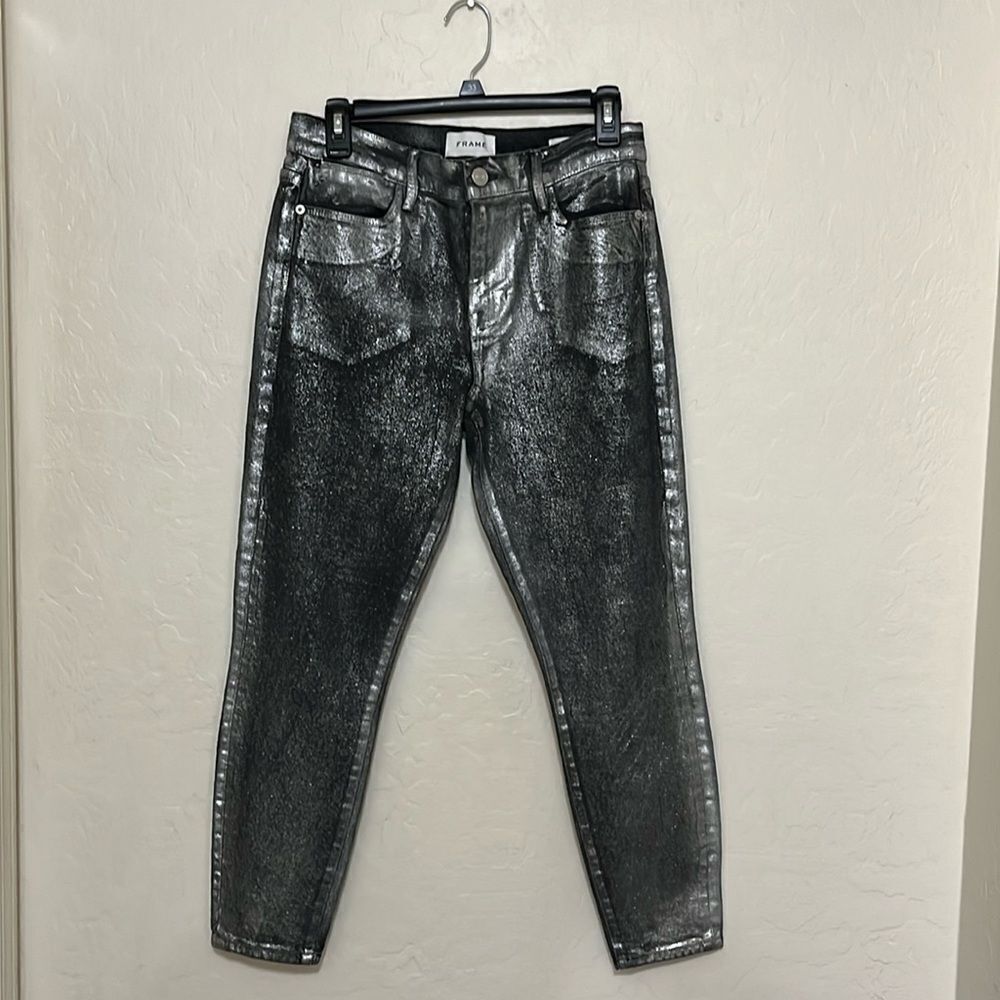 Frame Le High Skinny Crop Distressed Silver Black Metallic Denim Pants